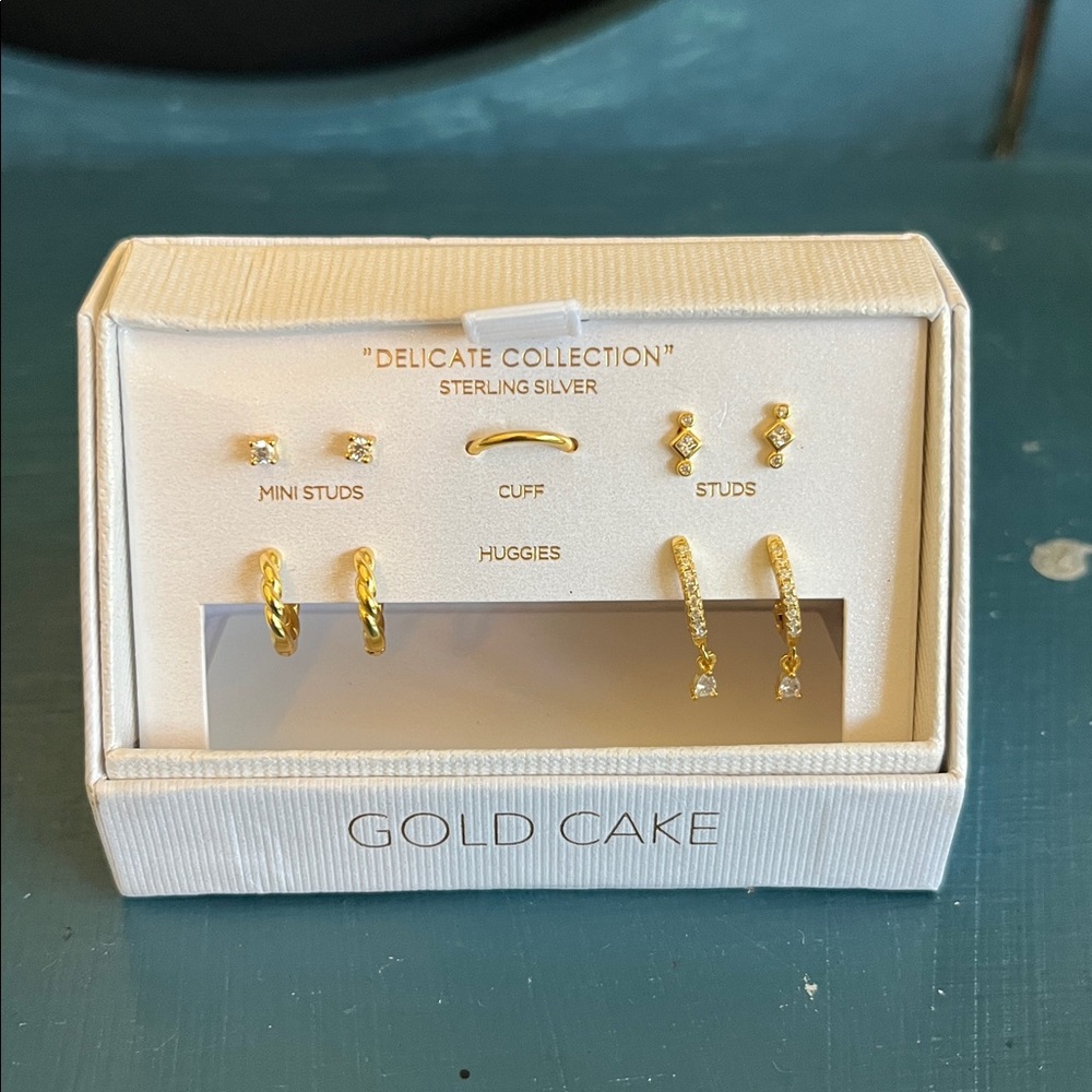 Brand New Gold Cake delicate collection sterling silver 4 pairs & 1 cuff!